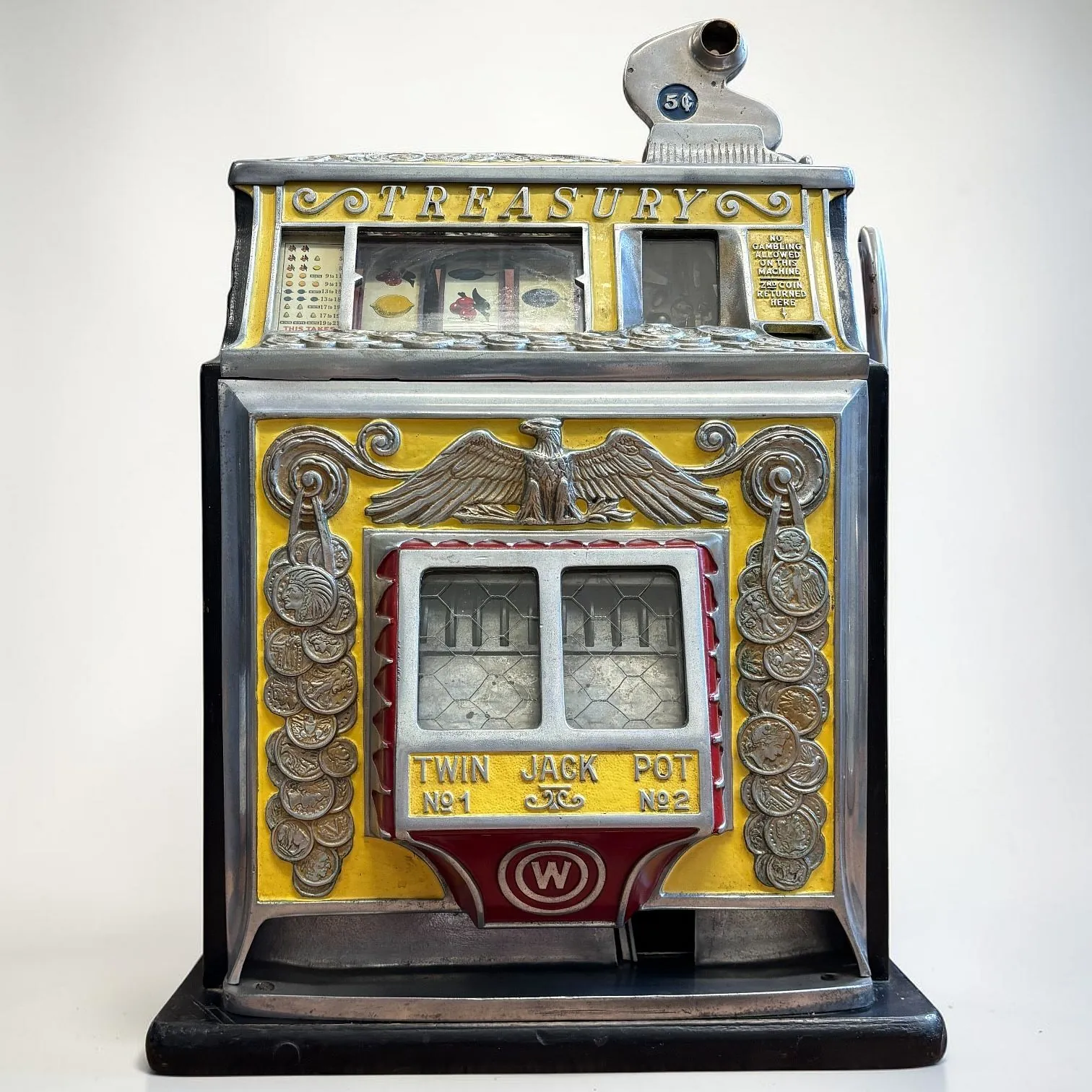 Antique brass slot machine mechanism representing Betsson operator