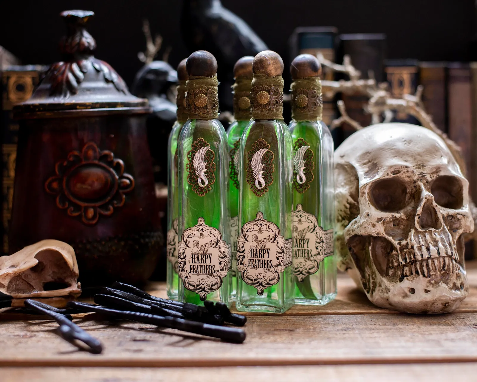 Antique cabinet of curiosities filled with brass instruments, apothecary jars and esoteric specimens in dark academia lighting