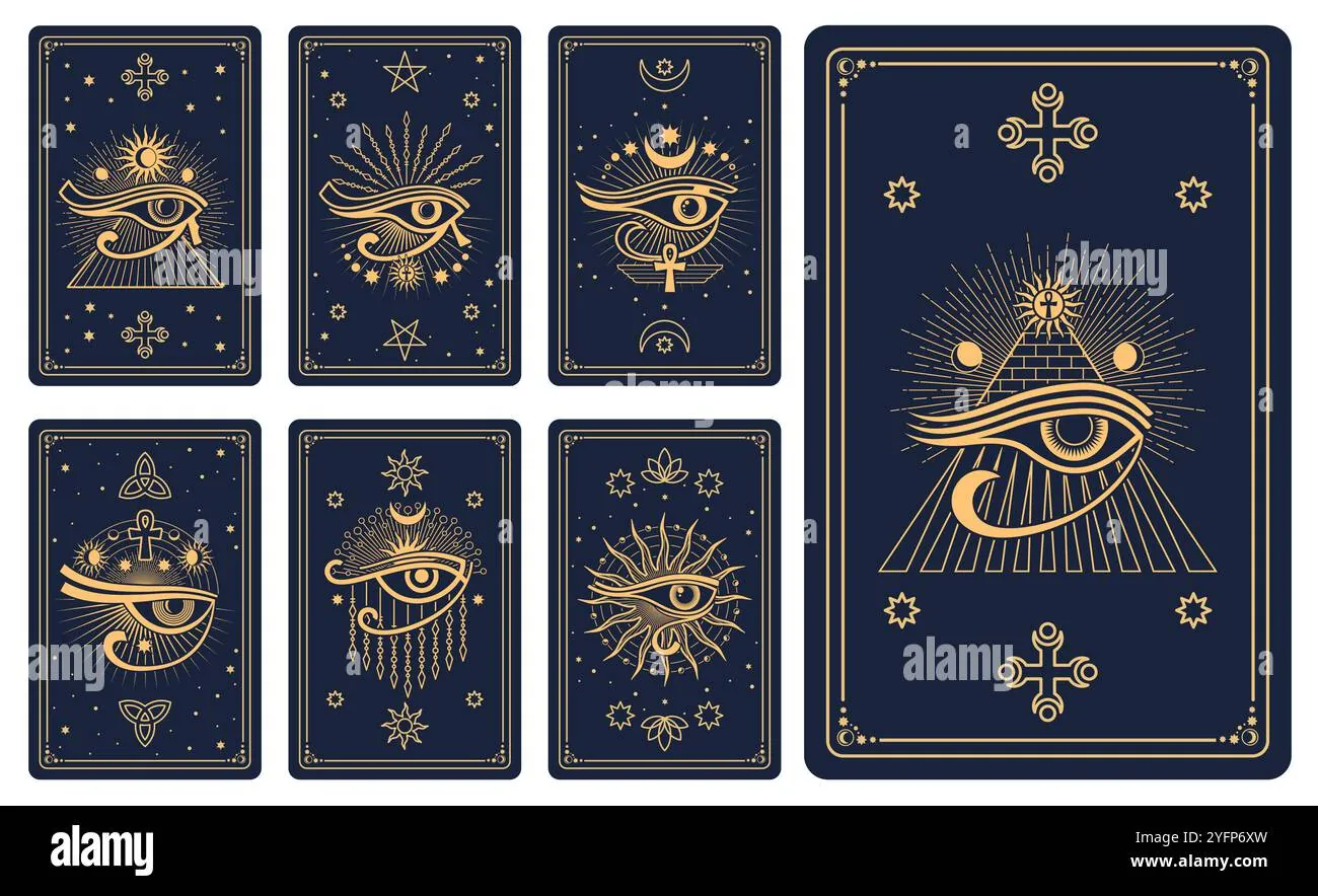 Antique tarot card deck with arcane symbols spread across a dark wooden table in candlelight