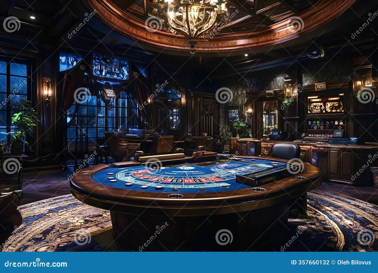 Vintage casino gambling hall with ornate brass fixtures, gilded mirrors and dark mahogany panelling