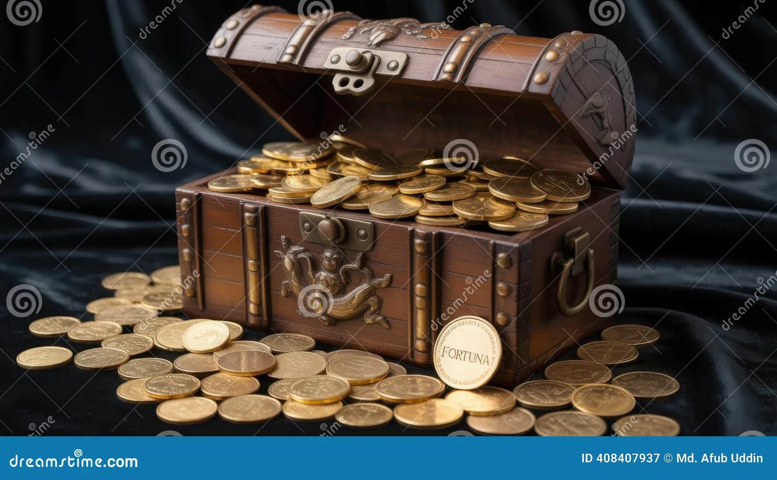 Pile of antique gold coins and treasure in a dark moody vault with brass and mahogany tones