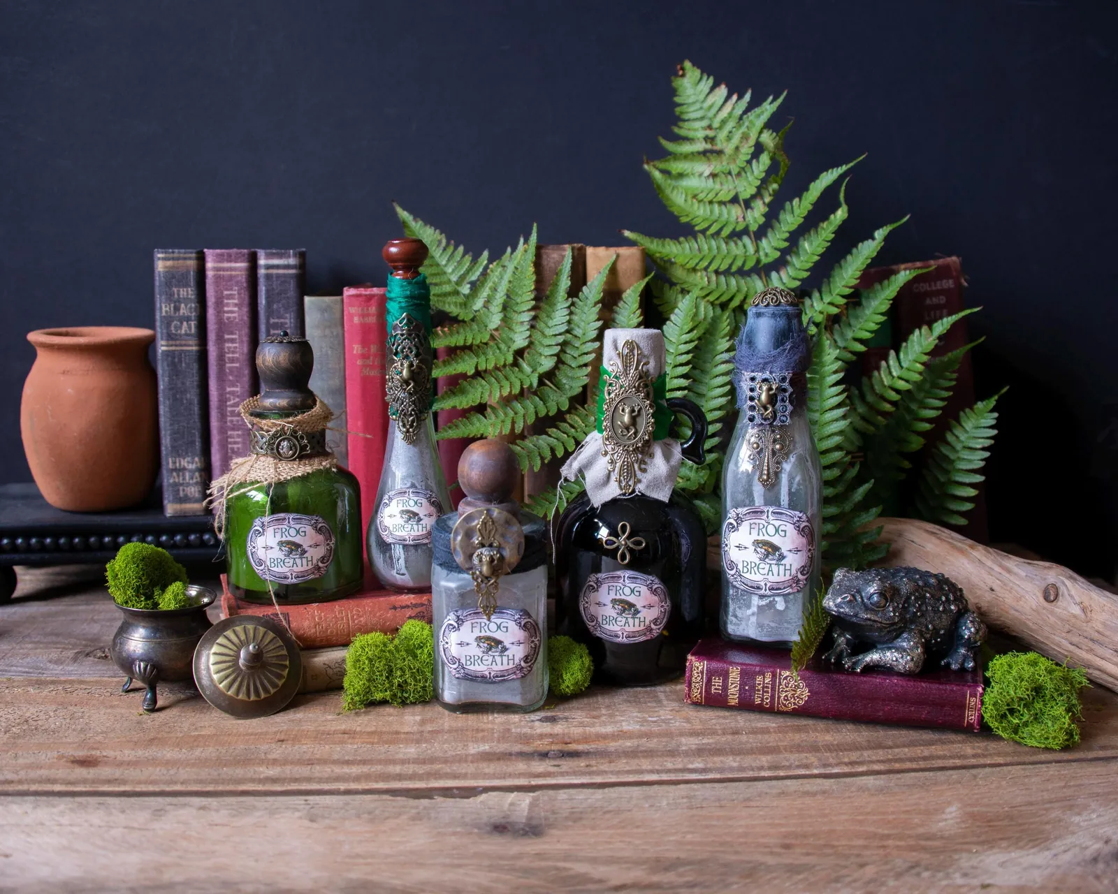 Wall of antique apothecary drawers and brass scientific instruments in a dimly lit cabinet of curiosities